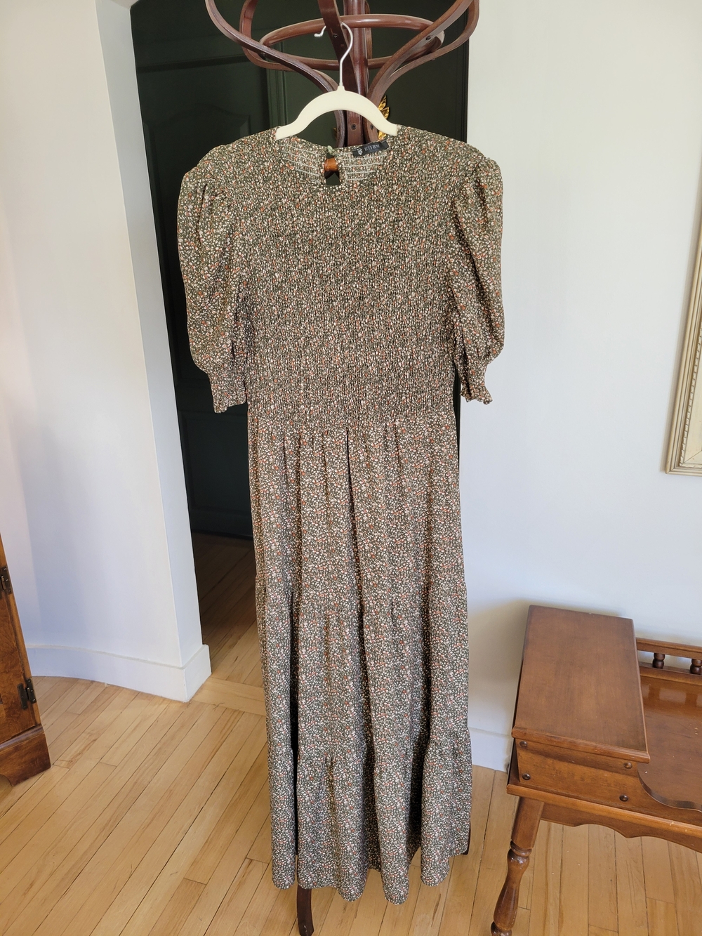 Olive Green Floral Smocked Maxi Dress Puff Sleeve Small
